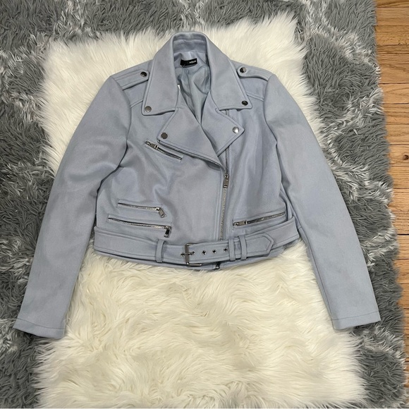 Aqua Jackets & Blazers - Aqua Light Blue Faux Suede Biker Jacket